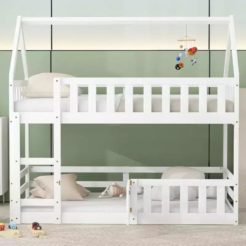 Grigio/Bianco, a forma di casa, letto a castello basso singolo su singolo per 2 bambini