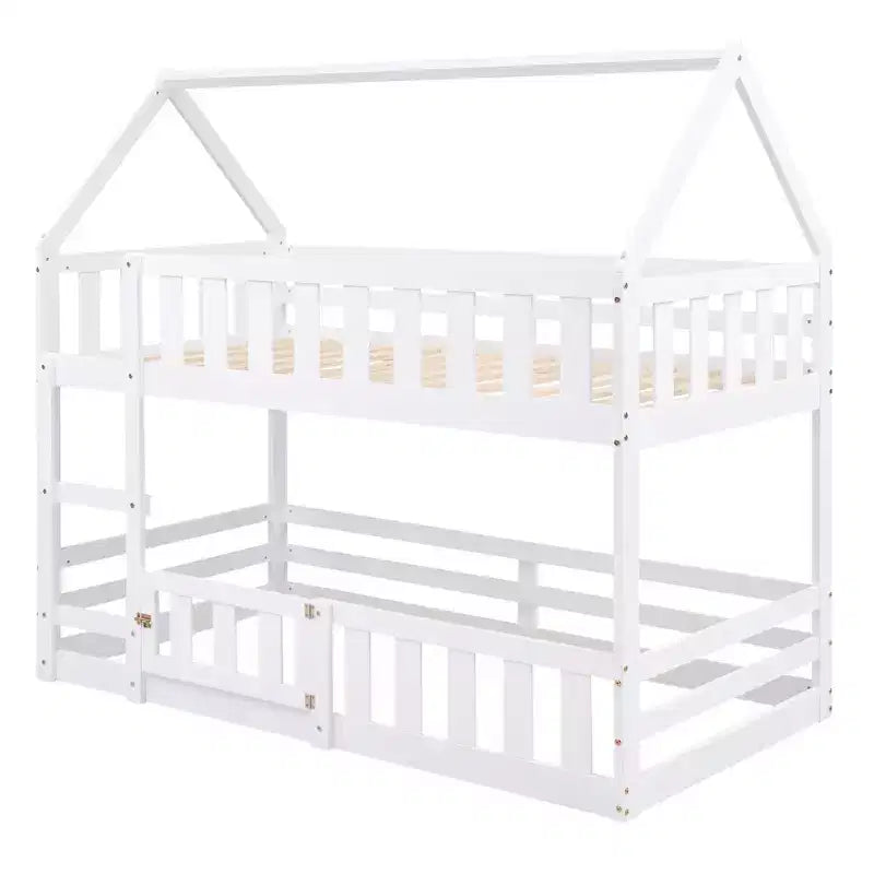 Grigio/Bianco, a forma di casa, letto a castello basso singolo su singolo per 2 bambini