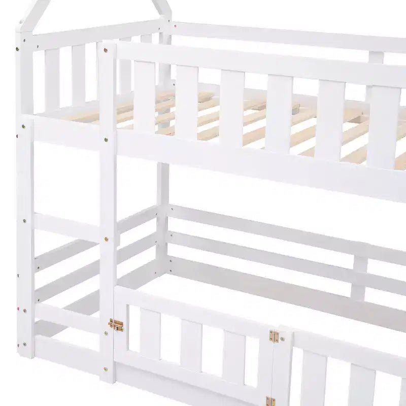 Grigio/Bianco, a forma di casa, letto a castello basso singolo su singolo per 2 bambini