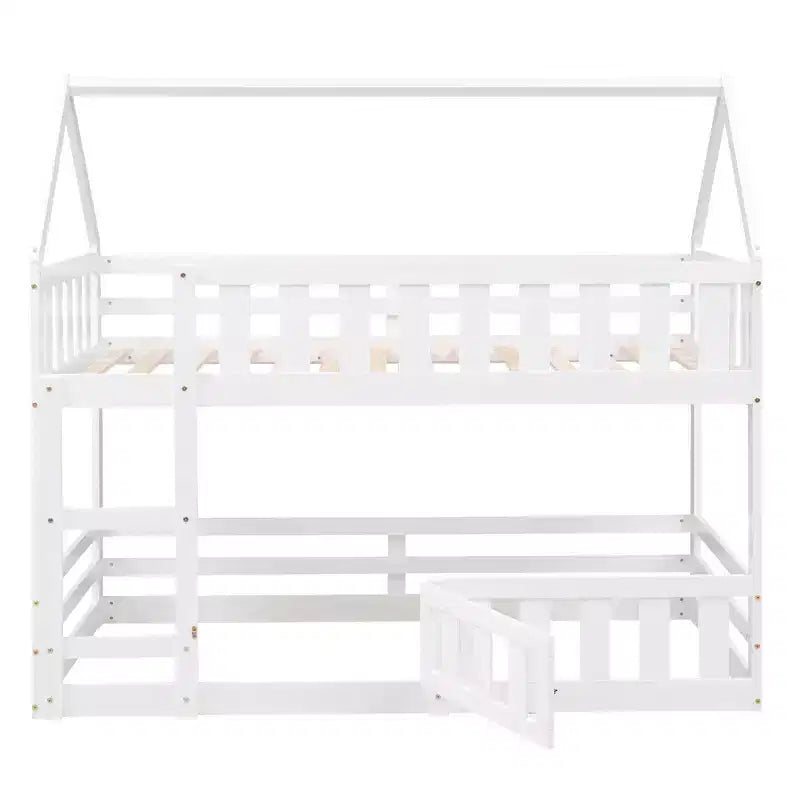 Grigio/Bianco, a forma di casa, letto a castello basso singolo su singolo per 2 bambini