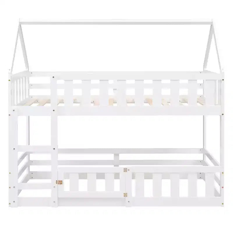Grigio/Bianco, a forma di casa, letto a castello basso singolo su singolo per 2 bambini
