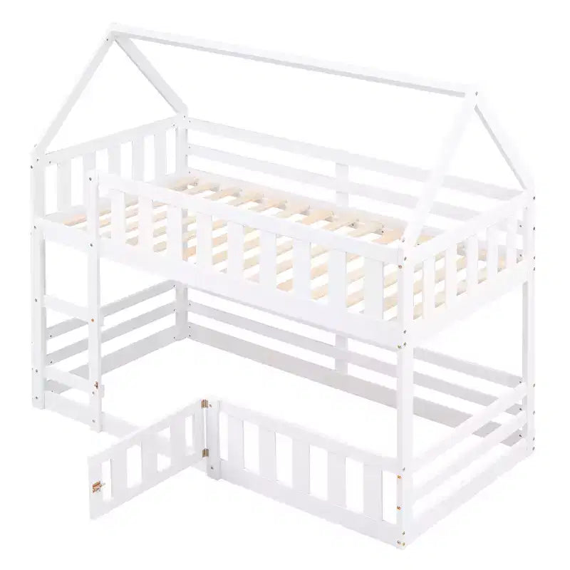 Grigio/Bianco, a forma di casa, letto a castello basso singolo su singolo per 2 bambini
