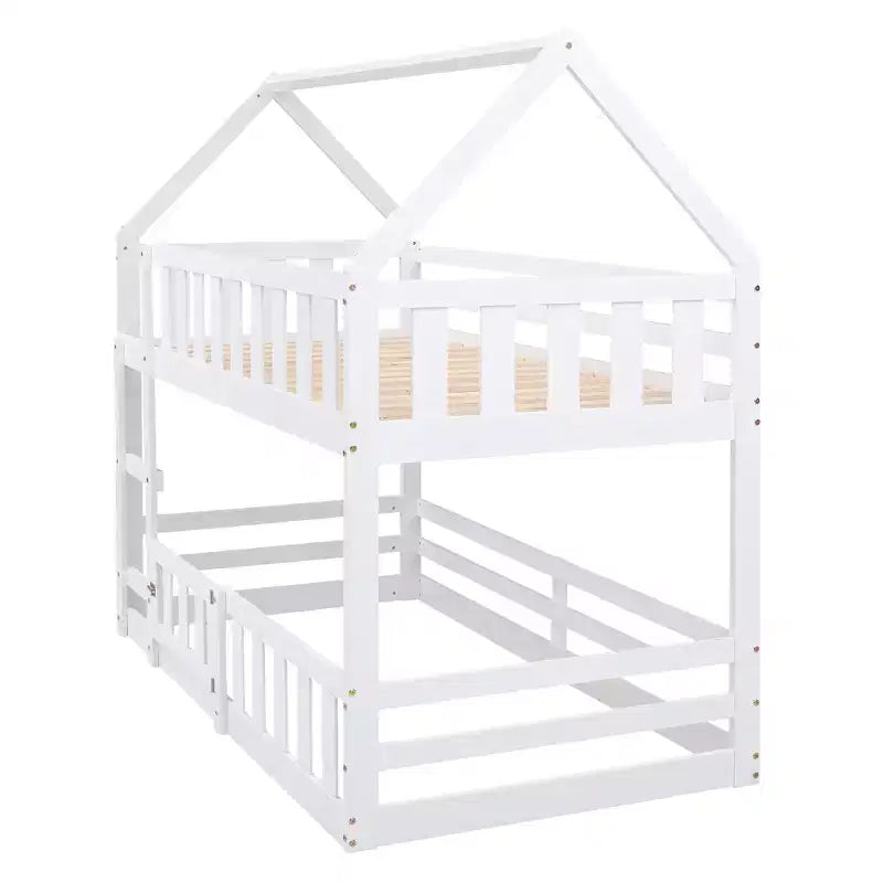 Grigio/Bianco, a forma di casa, letto a castello basso singolo su singolo per 2 bambini