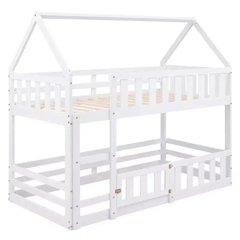Grigio/Bianco, a forma di casa, letto a castello basso singolo su singolo per 2 bambini