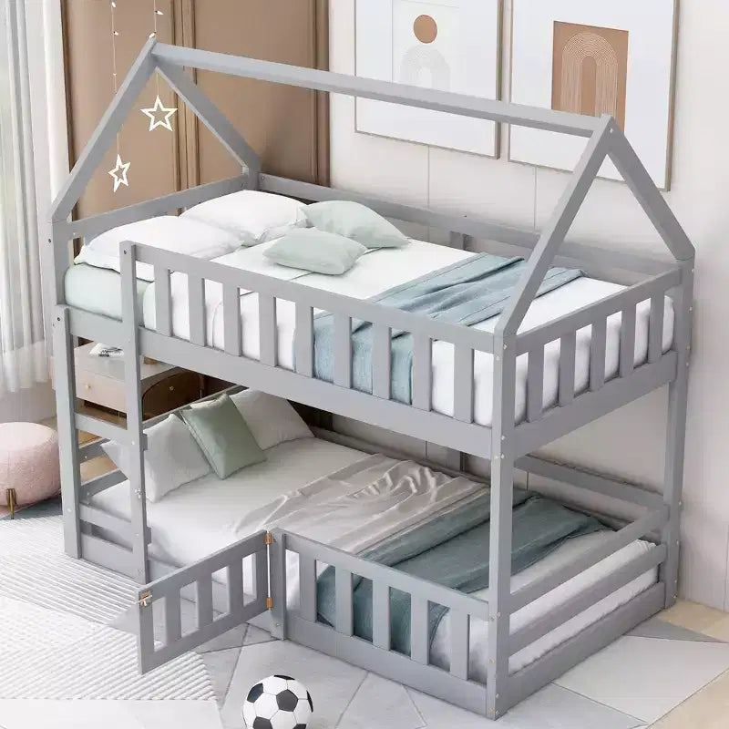 Grigio/Bianco, a forma di casa, letto a castello basso singolo su singolo per 2 bambini