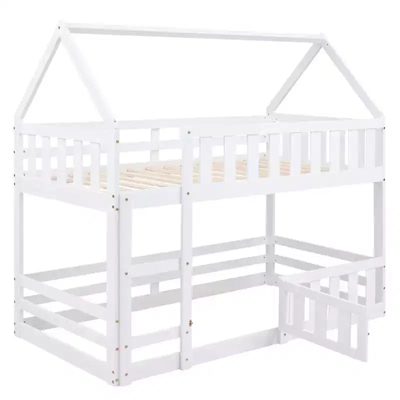 Grigio/Bianco, a forma di casa, letto a castello basso singolo su singolo per 2 bambini