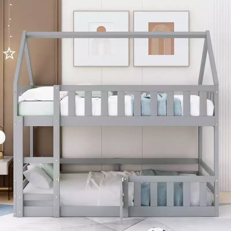 Grigio/Bianco, a forma di casa, letto a castello basso singolo su singolo per 2 bambini