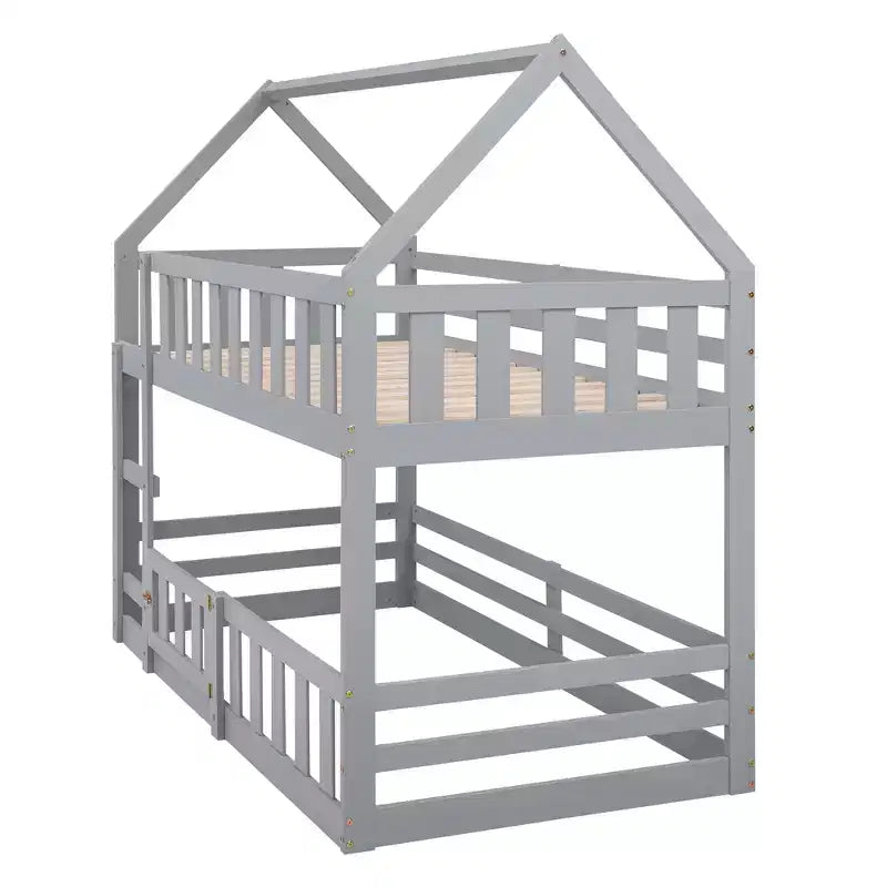 Grigio/Bianco, a forma di casa, letto a castello basso singolo su singolo per 2 bambini