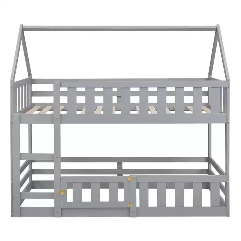 Grigio/Bianco, a forma di casa, letto a castello basso singolo su singolo per 2 bambini