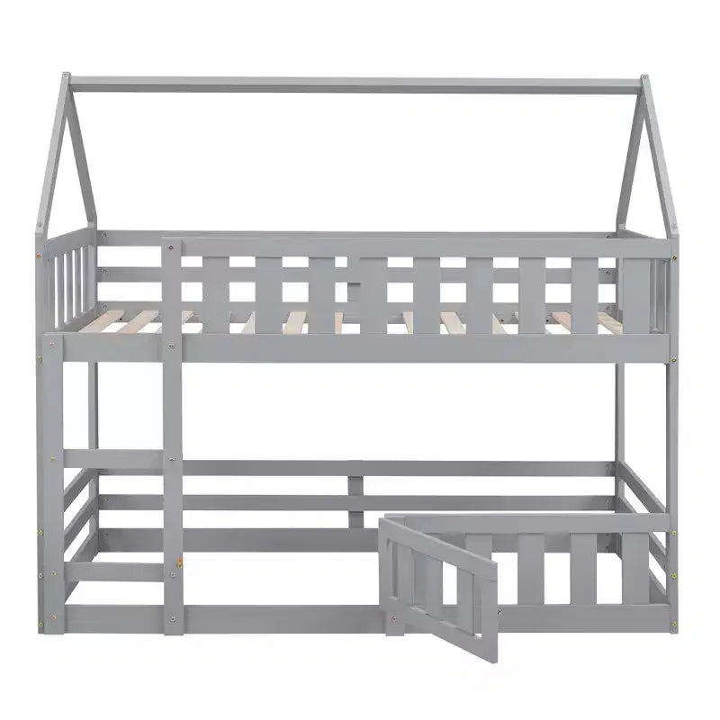 Grigio/Bianco, a forma di casa, letto a castello basso singolo su singolo per 2 bambini