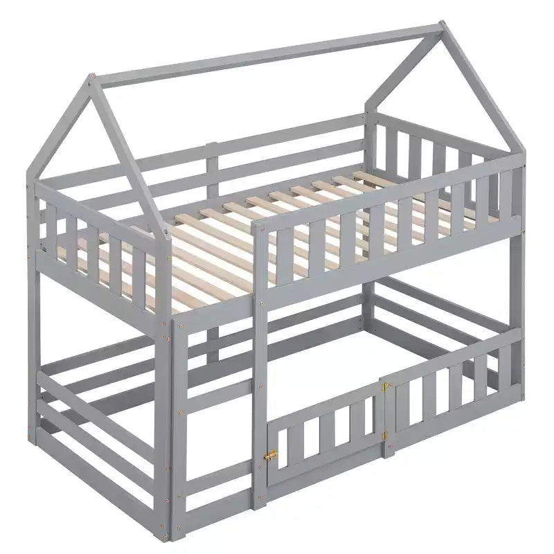 Grigio/Bianco, a forma di casa, letto a castello basso singolo su singolo per 2 bambini