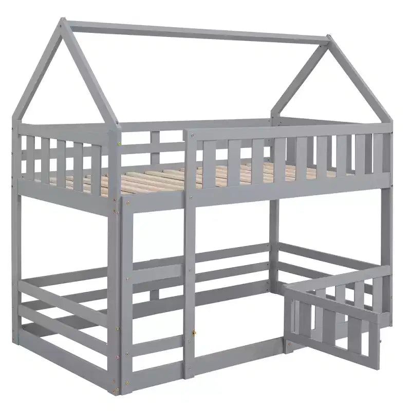 Grigio/Bianco, a forma di casa, letto a castello basso singolo su singolo per 2 bambini