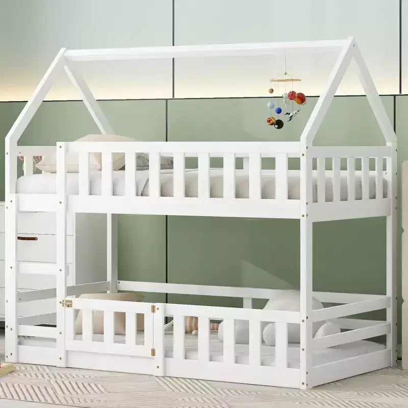 Grigio/Bianco, a forma di casa, letto a castello basso singolo su singolo per 2 bambini