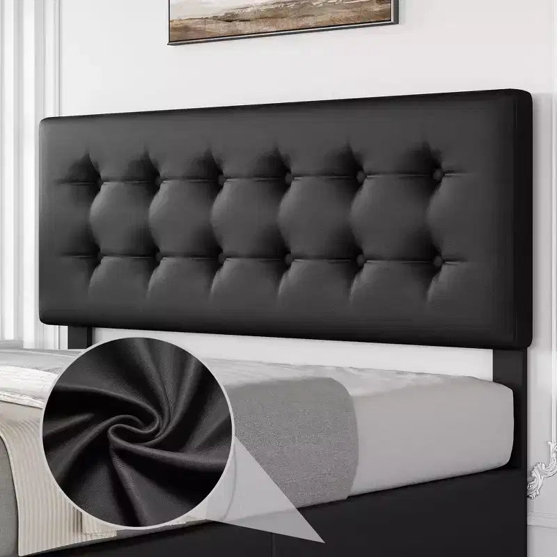Letto matrimoniale Queen in similpelle nera con 4 cassetti contenitore e testiera capitonné regolabile, 1 persona