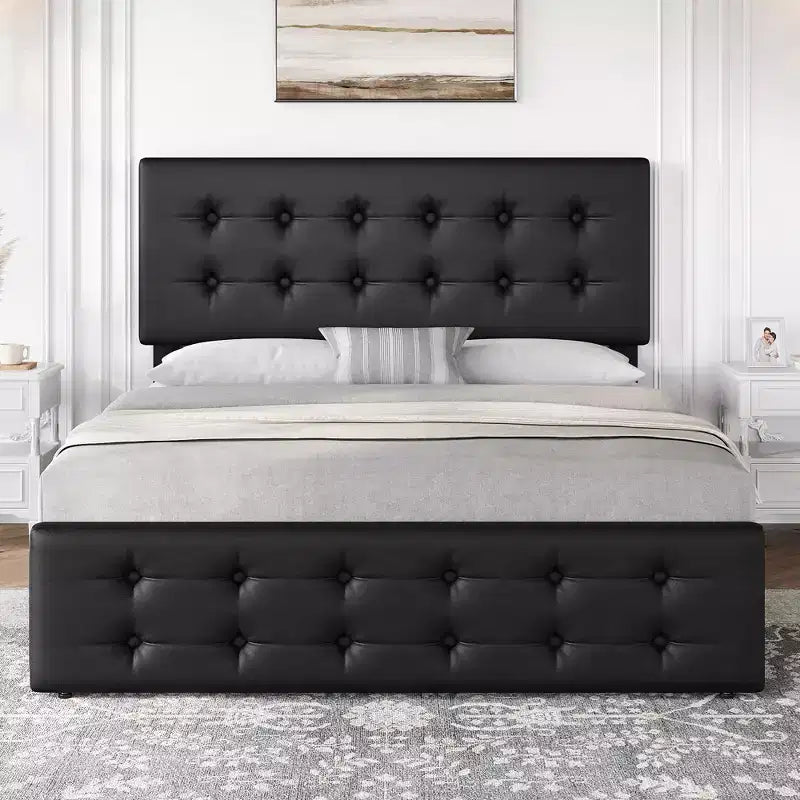 Letto matrimoniale Queen in similpelle nera con 4 cassetti contenitore e testiera capitonné regolabile, 1 persona