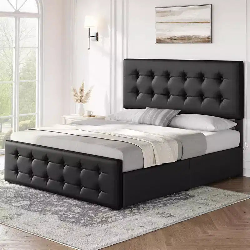 Letto matrimoniale Queen in similpelle nera con 4 cassetti contenitore e testiera capitonné regolabile, 1 persona