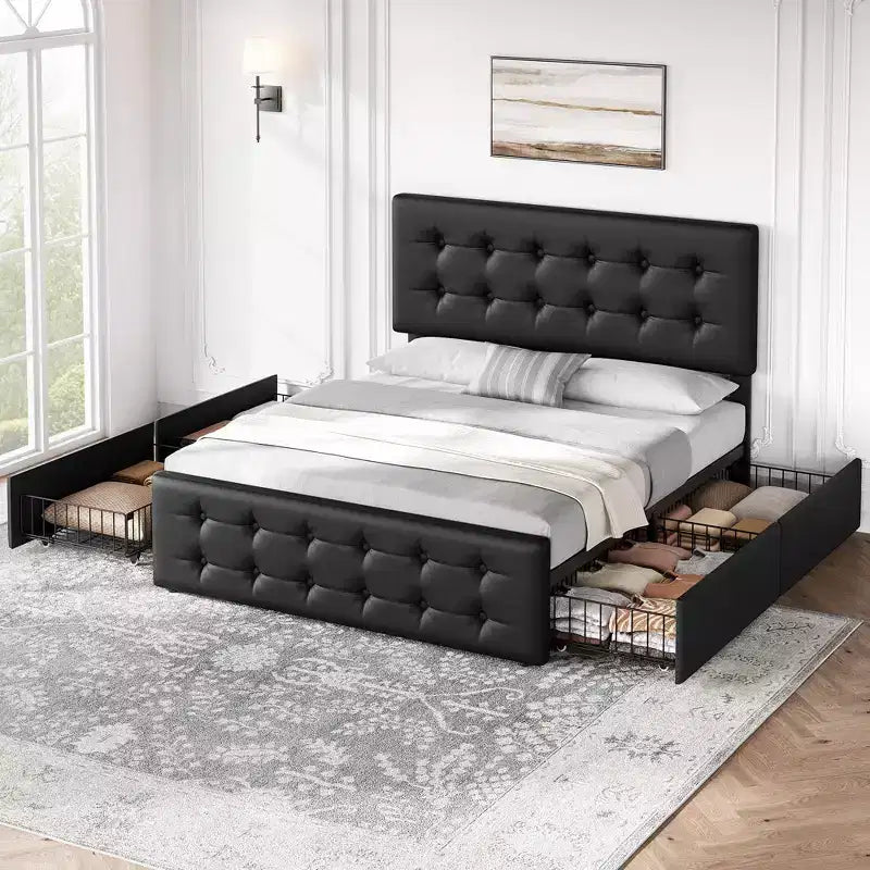 Letto matrimoniale Queen in similpelle nera con 4 cassetti contenitore e testiera capitonné regolabile, 1 persona