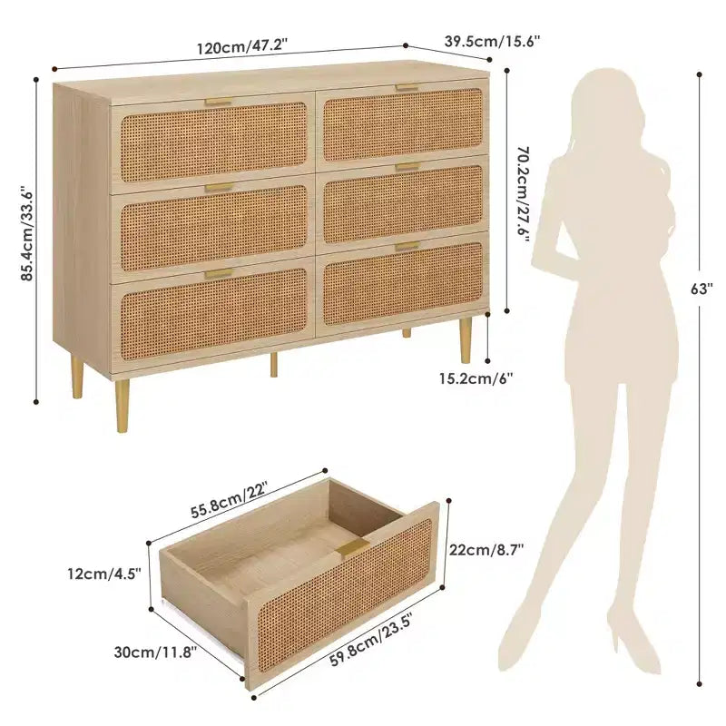 Cassettiera doppia a 6 cassetti in legno naturale e rattan, per uso da 1-2 persone