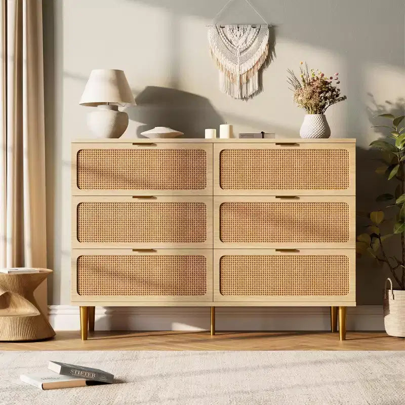 Cassettiera doppia a 6 cassetti in legno naturale e rattan, per uso da 1-2 persone