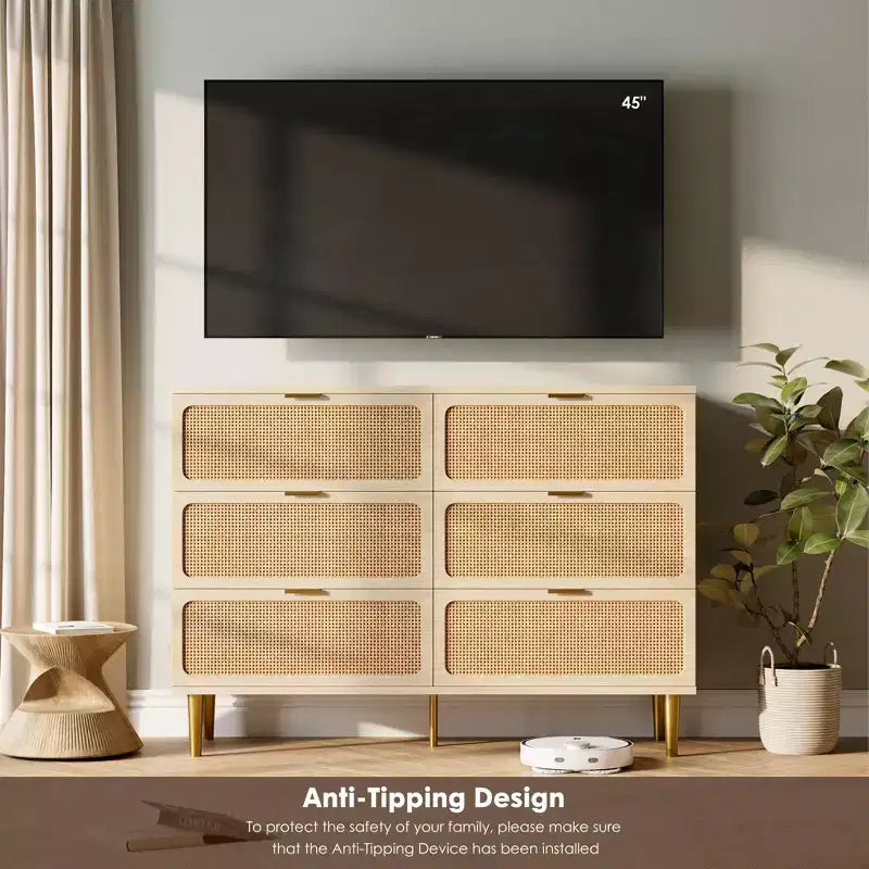 Cassettiera doppia a 6 cassetti in legno naturale e rattan, per uso da 1-2 persone