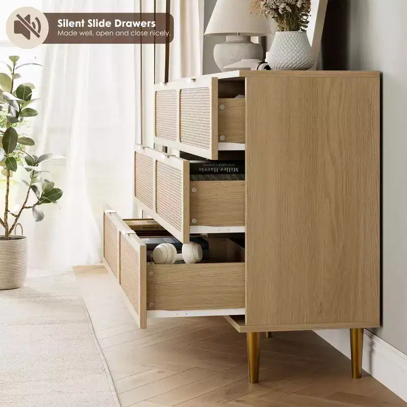 Cassettiera doppia a 6 cassetti in legno naturale e rattan, per uso da 1-2 persone