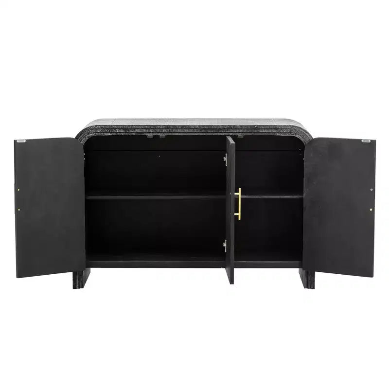 Credenza Nera Curva Antica con Maniglie Dorate, Mobile Contenitore a 3 Ante per 1, Ripiani Regolabili