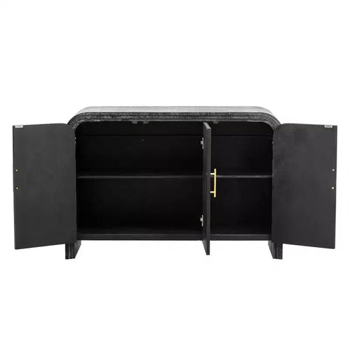 Credenza Nera Curva Antica con Maniglie Dorate, Mobile Contenitore a 3 Ante per 1, Ripiani Regolabili