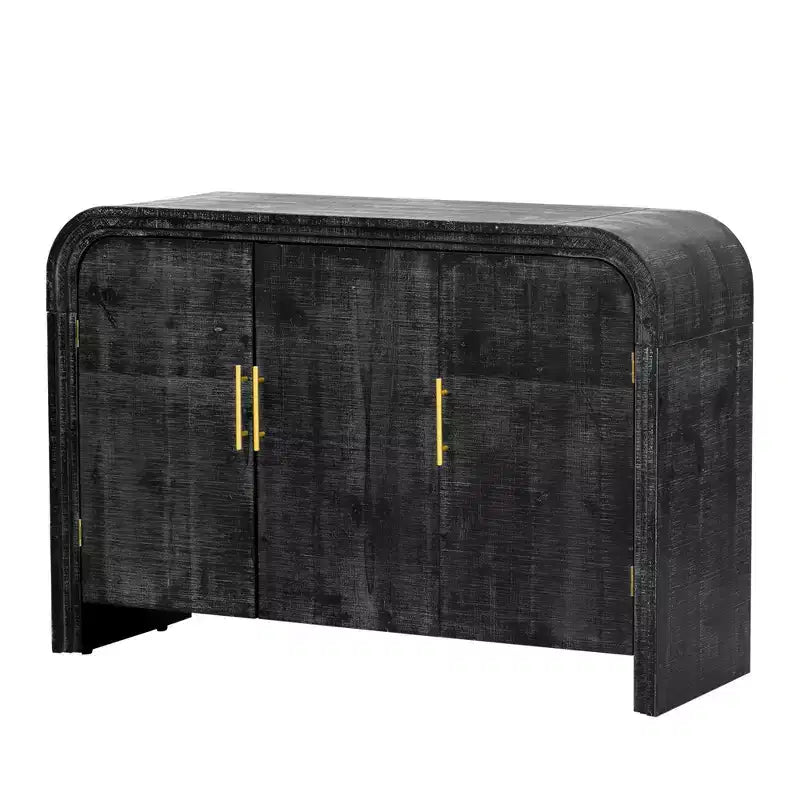 Credenza Nera Curva Antica con Maniglie Dorate, Mobile Contenitore a 3 Ante per 1, Ripiani Regolabili