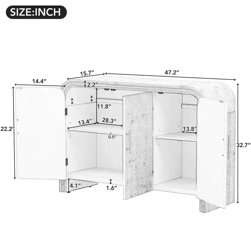 Credenza Nera Curva Antica con Maniglie Dorate, Mobile Contenitore a 3 Ante per 1, Ripiani Regolabili