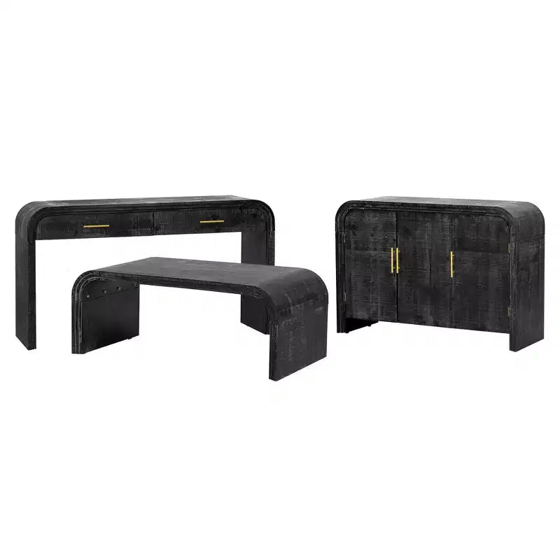 Credenza Nera Curva Antica con Maniglie Dorate, Mobile Contenitore a 3 Ante per 1, Ripiani Regolabili