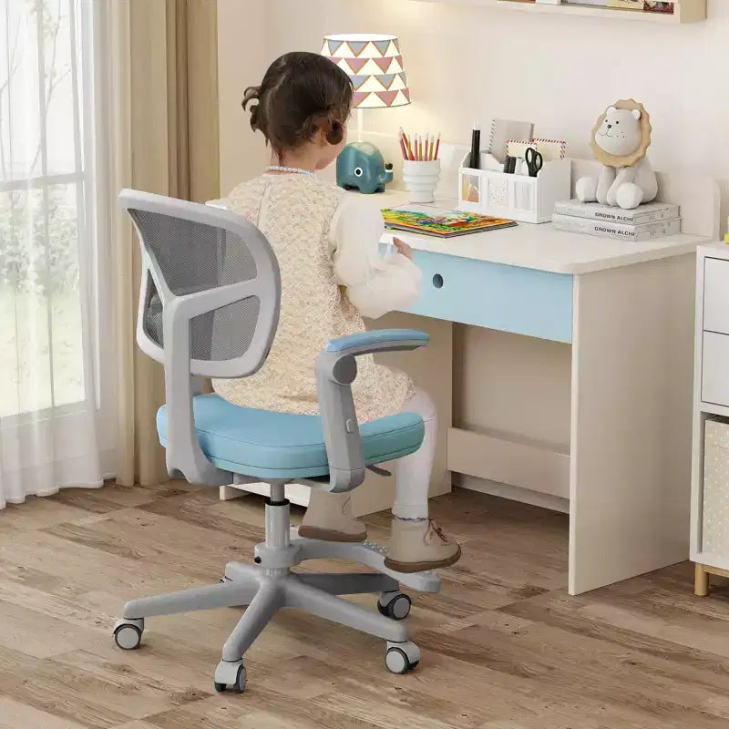 Sedia da scrivania girevole per bambini blu/grigio/verde/rosa/viola con altezza regolabile, braccioli e poggiapiedi, per 1 bambino
