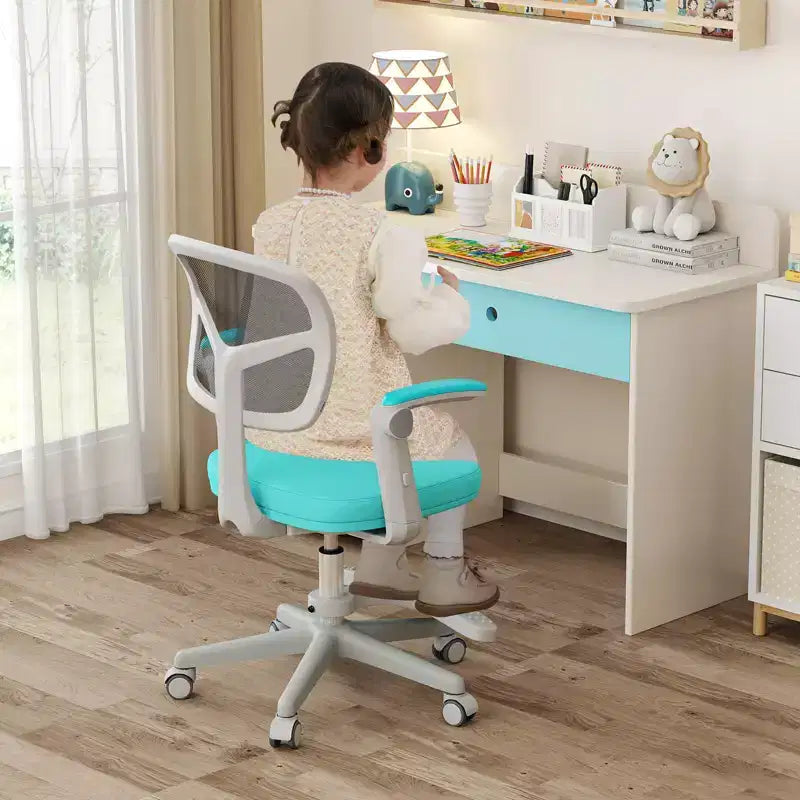 Sedia da scrivania girevole per bambini blu/grigio/verde/rosa/viola con altezza regolabile, braccioli e poggiapiedi, per 1 bambino