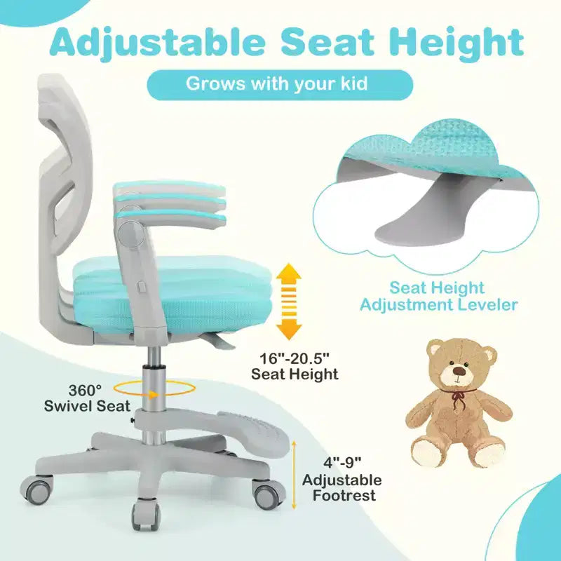 Sedia da scrivania girevole per bambini blu/grigio/verde/rosa/viola con altezza regolabile, braccioli e poggiapiedi, per 1 bambino