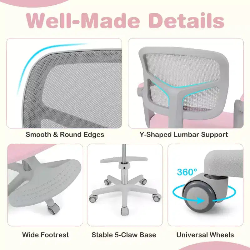 Sedia da scrivania girevole per bambini blu/grigio/verde/rosa/viola con altezza regolabile, braccioli e poggiapiedi, per 1 bambino
