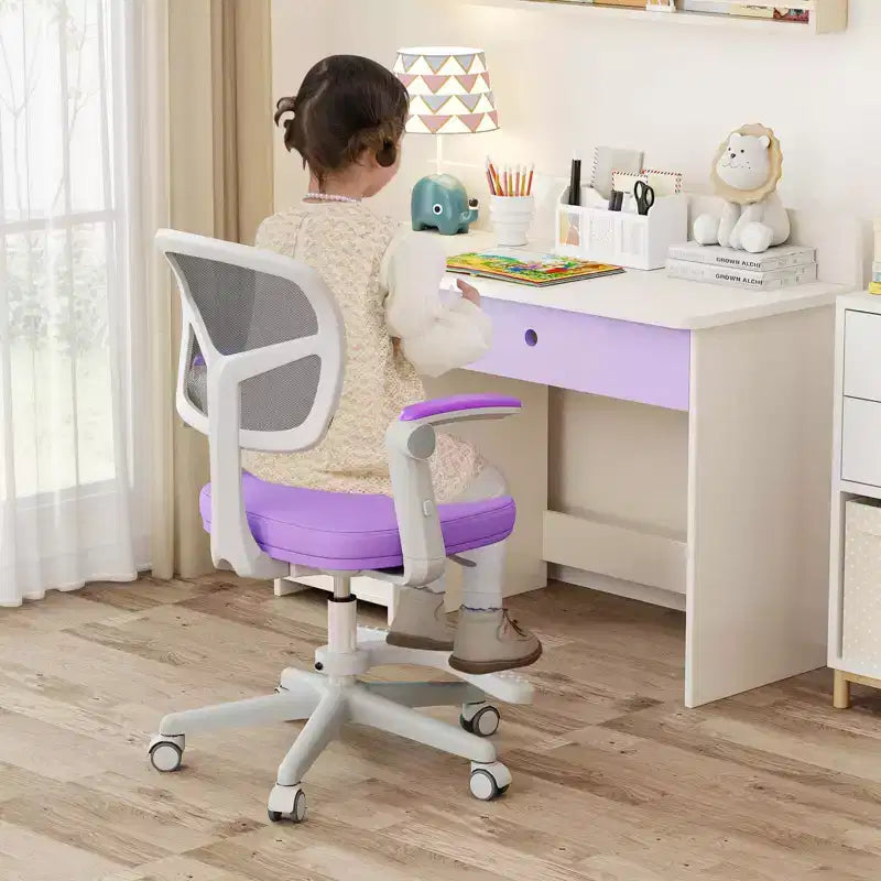 Sedia da scrivania girevole per bambini blu/grigio/verde/rosa/viola con altezza regolabile, braccioli e poggiapiedi, per 1 bambino