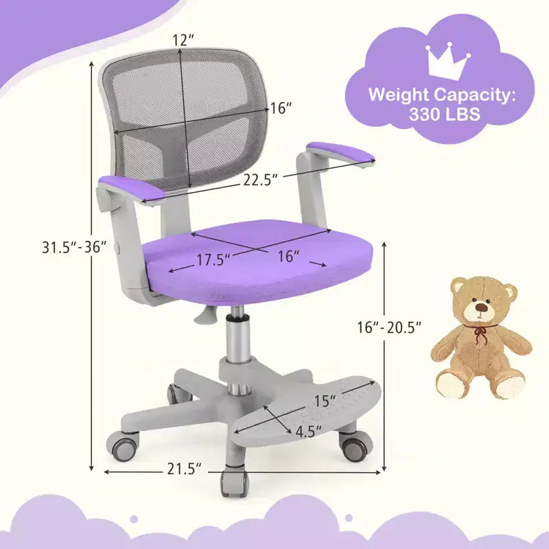 Sedia da scrivania girevole per bambini blu/grigio/verde/rosa/viola con altezza regolabile, braccioli e poggiapiedi, per 1 bambino
