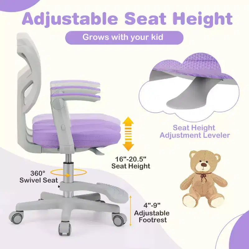 Sedia da scrivania girevole per bambini blu/grigio/verde/rosa/viola con altezza regolabile, braccioli e poggiapiedi, per 1 bambino