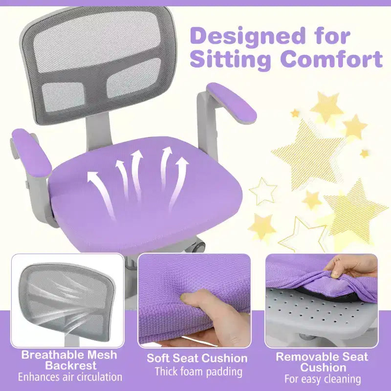 Sedia da scrivania girevole per bambini blu/grigio/verde/rosa/viola con altezza regolabile, braccioli e poggiapiedi, per 1 bambino