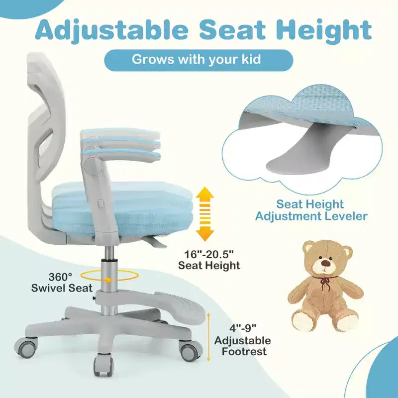Sedia da scrivania girevole per bambini blu/grigio/verde/rosa/viola con altezza regolabile, braccioli e poggiapiedi, per 1 bambino