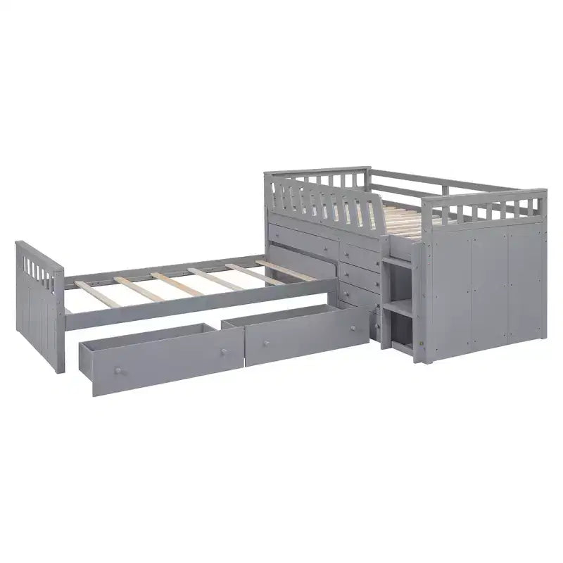 Letto a soppalco matrimoniale a L grigio e bianco con letto a piattaforma matrimoniale, 7 cassetti, sponde di protezione complete, per 2 persone