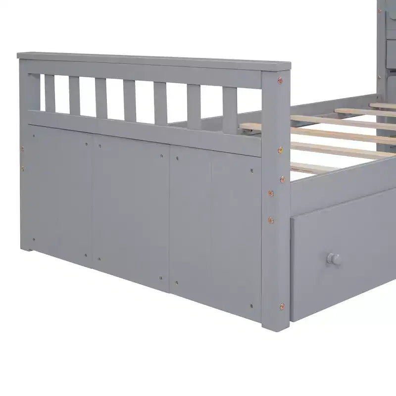 Letto a soppalco matrimoniale a L grigio e bianco con letto a piattaforma matrimoniale, 7 cassetti, sponde di protezione complete, per 2 persone