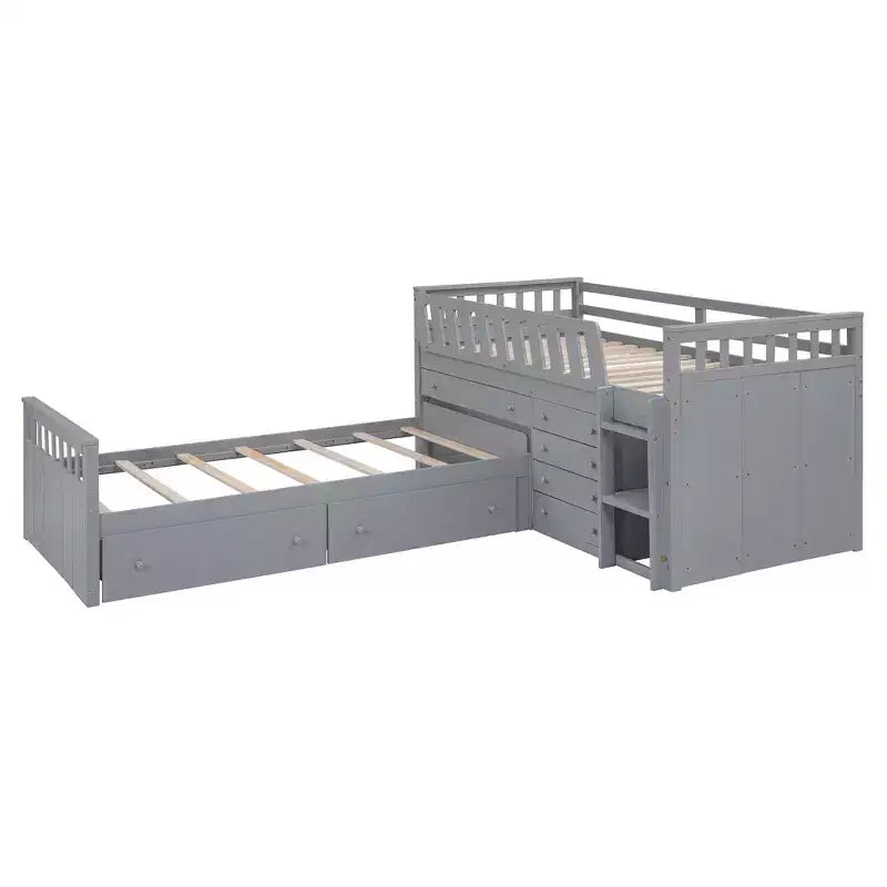Letto a soppalco matrimoniale a L grigio e bianco con letto a piattaforma matrimoniale, 7 cassetti, sponde di protezione complete, per 2 persone