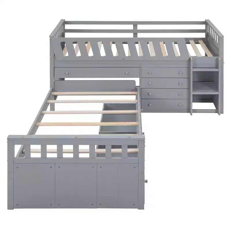 Letto a soppalco matrimoniale a L grigio e bianco con letto a piattaforma matrimoniale, 7 cassetti, sponde di protezione complete, per 2 persone