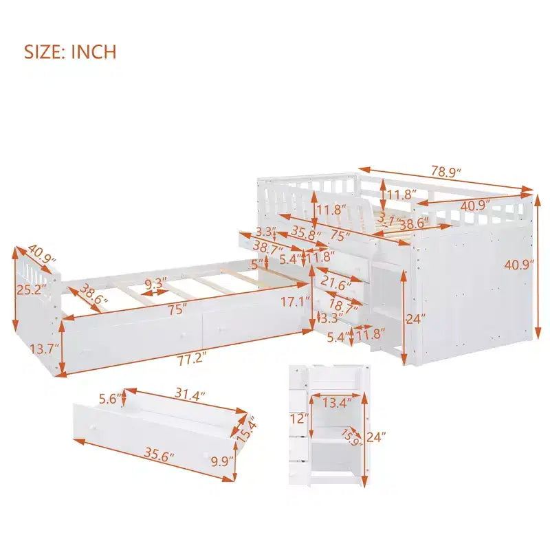 Letto a soppalco matrimoniale a L grigio e bianco con letto a piattaforma matrimoniale, 7 cassetti, sponde di protezione complete, per 2 persone