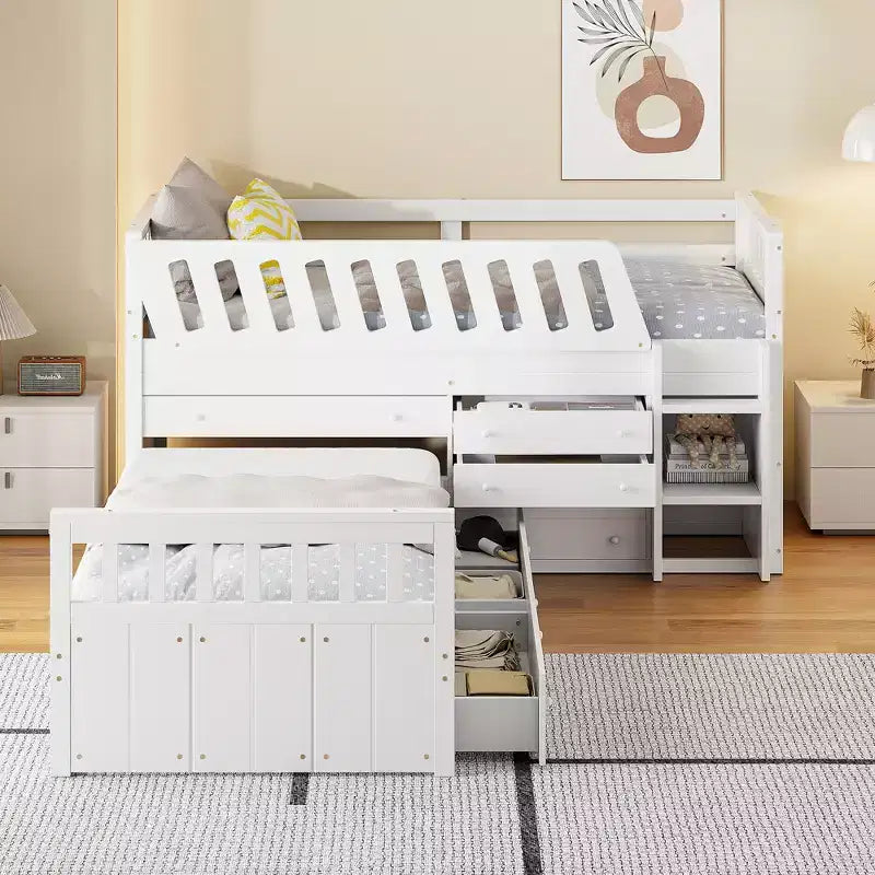 Letto a soppalco matrimoniale a L grigio e bianco con letto a piattaforma matrimoniale, 7 cassetti, sponde di protezione complete, per 2 persone