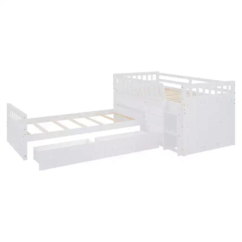 Letto a soppalco matrimoniale a L grigio e bianco con letto a piattaforma matrimoniale, 7 cassetti, sponde di protezione complete, per 2 persone