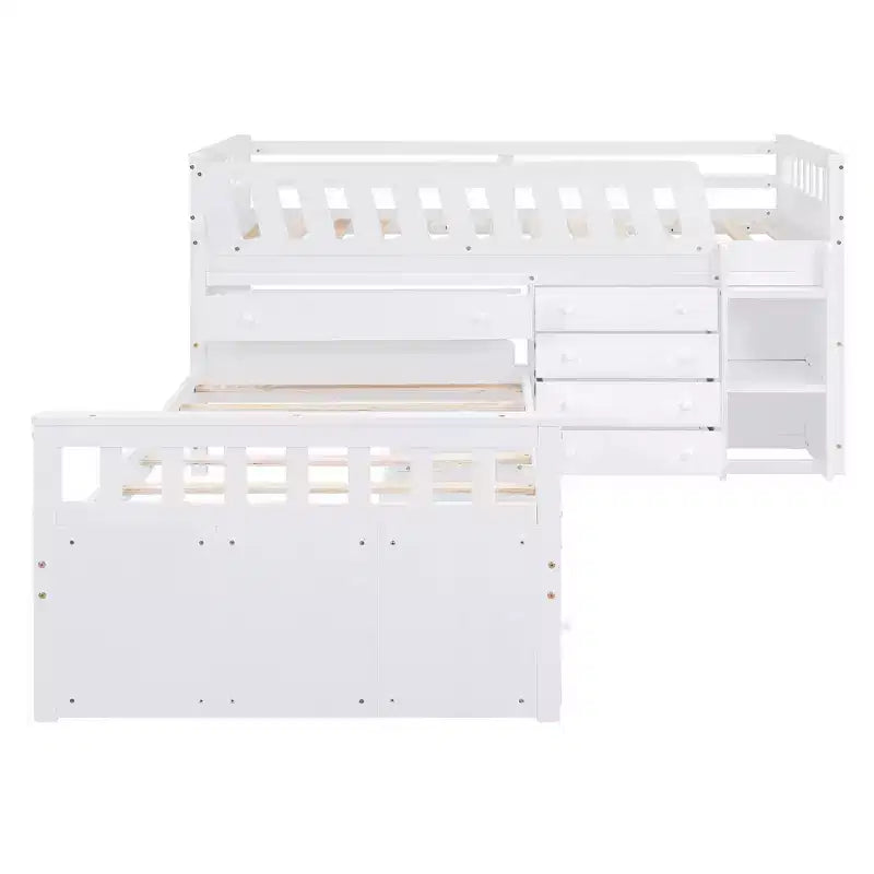 Letto a soppalco matrimoniale a L grigio e bianco con letto a piattaforma matrimoniale, 7 cassetti, sponde di protezione complete, per 2 persone