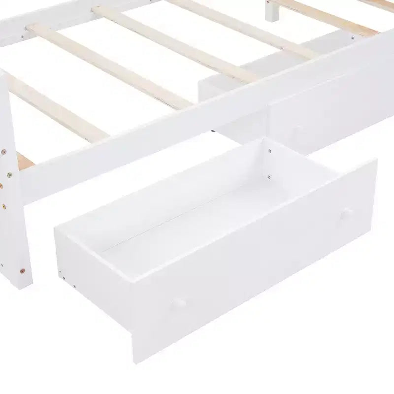 Letto a soppalco matrimoniale a L grigio e bianco con letto a piattaforma matrimoniale, 7 cassetti, sponde di protezione complete, per 2 persone
