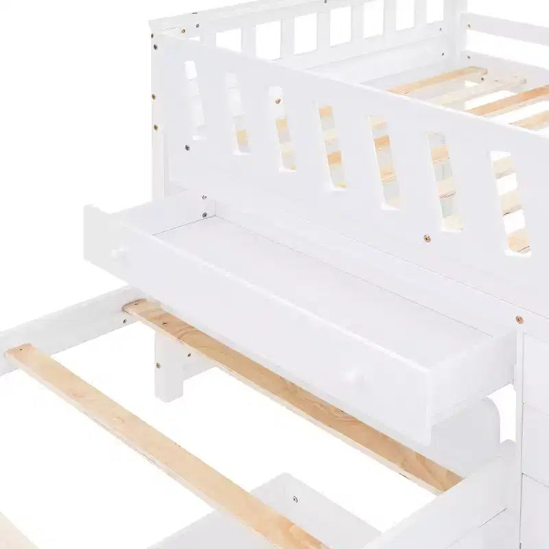 Letto a soppalco matrimoniale a L grigio e bianco con letto a piattaforma matrimoniale, 7 cassetti, sponde di protezione complete, per 2 persone