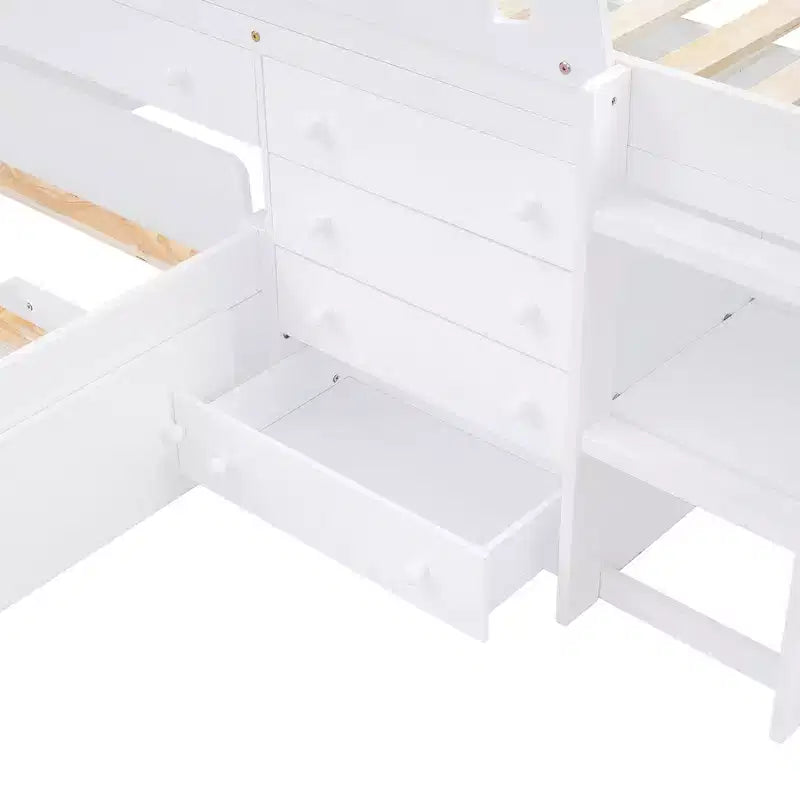 Letto a soppalco matrimoniale a L grigio e bianco con letto a piattaforma matrimoniale, 7 cassetti, sponde di protezione complete, per 2 persone